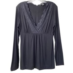 Y2K Babydoll Lace V Neck Top Size M Long Sleeve Black Empire Waist Fairy Tahari